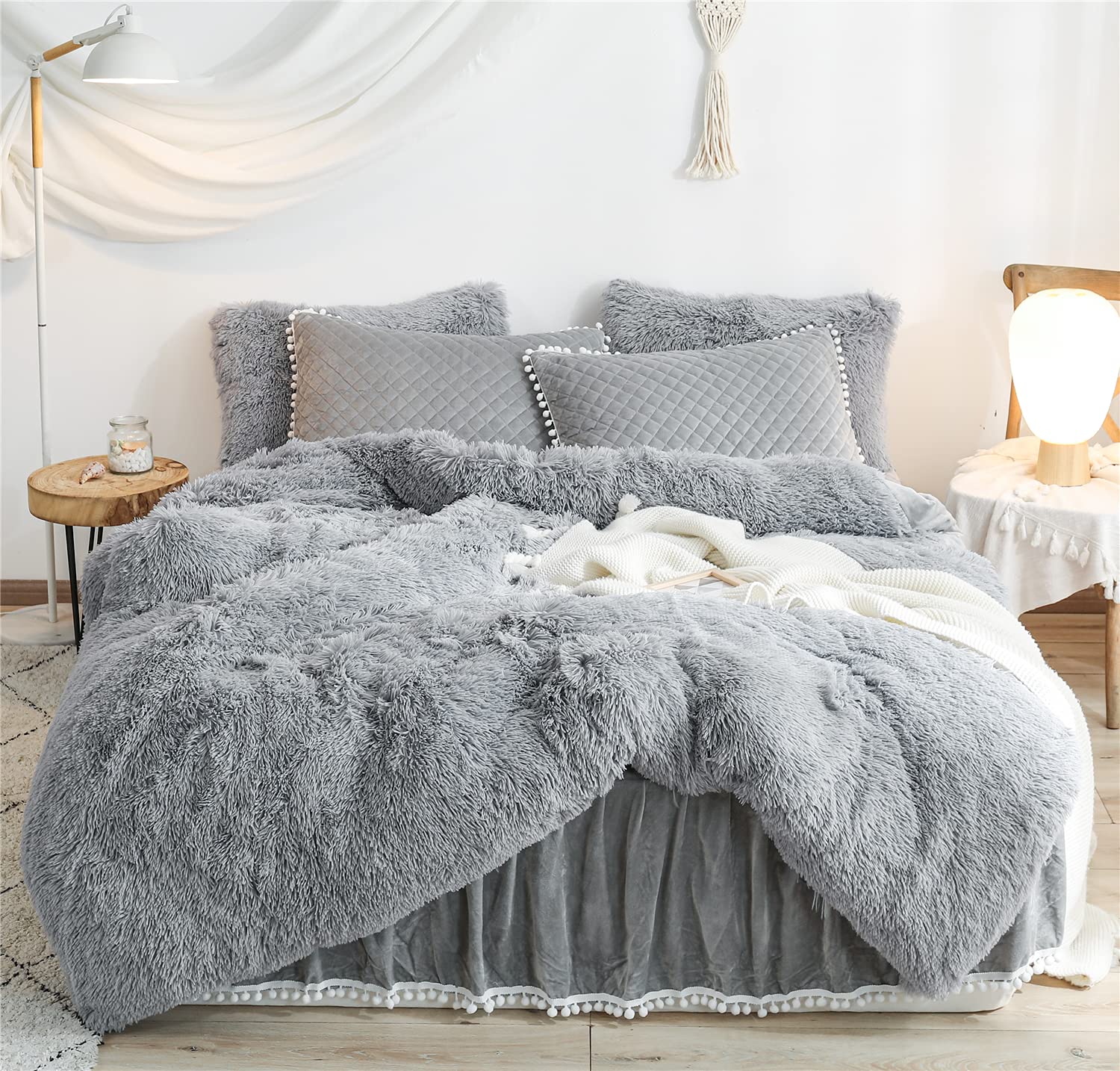 Haihua Luxury Plush Shaggy Duvet Cover Flannel Velvet Bedding (1 Faux Fur Duvet Cover +2 Faux Fur Pillowcases) Fluffy Comforter